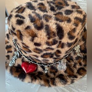 Ed Hardy Y2K leopard print faux fur bucket hat with charms.